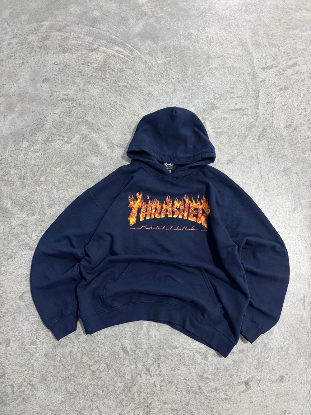 Y2K Thrasher Magazine Flame Hoodie Men's Large Navy Blue Skate Graphic